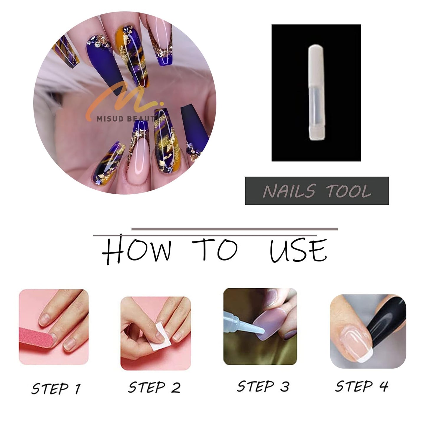 MISUD Press on Nails - Long Coffin Fake Nails with Navy Blue, Acrylic Bling Glitter Rhinestone Design 24 pcs