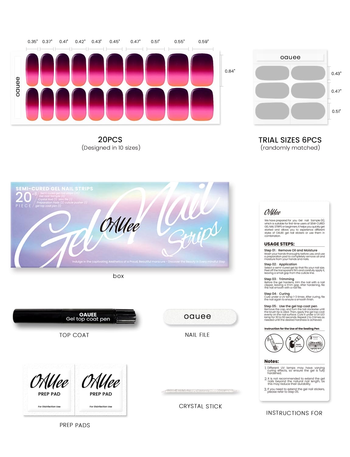 Oauee Semi Cured Gel Nail Strips | Built-In Gel Top Coat | UV Light Required | Salon Quality, Easy Application And Removal (Ethereal Fuchsia）