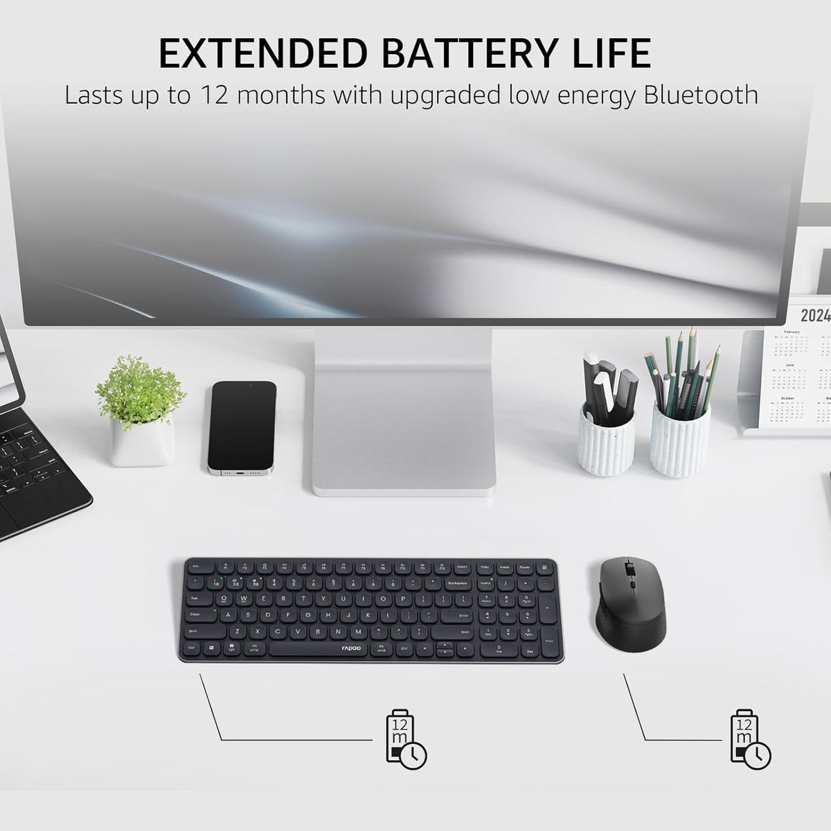 Rapoo 9360M Wireless Keyboard and Mouse Combo, Blade-Series E9310M 99-Key Ultra-Thin Keyboard and M300G Silent Mouse, Support 4 Devices, Quiet, Compact, Battery Powered, for Windows/Mac/Linux/Chrome
