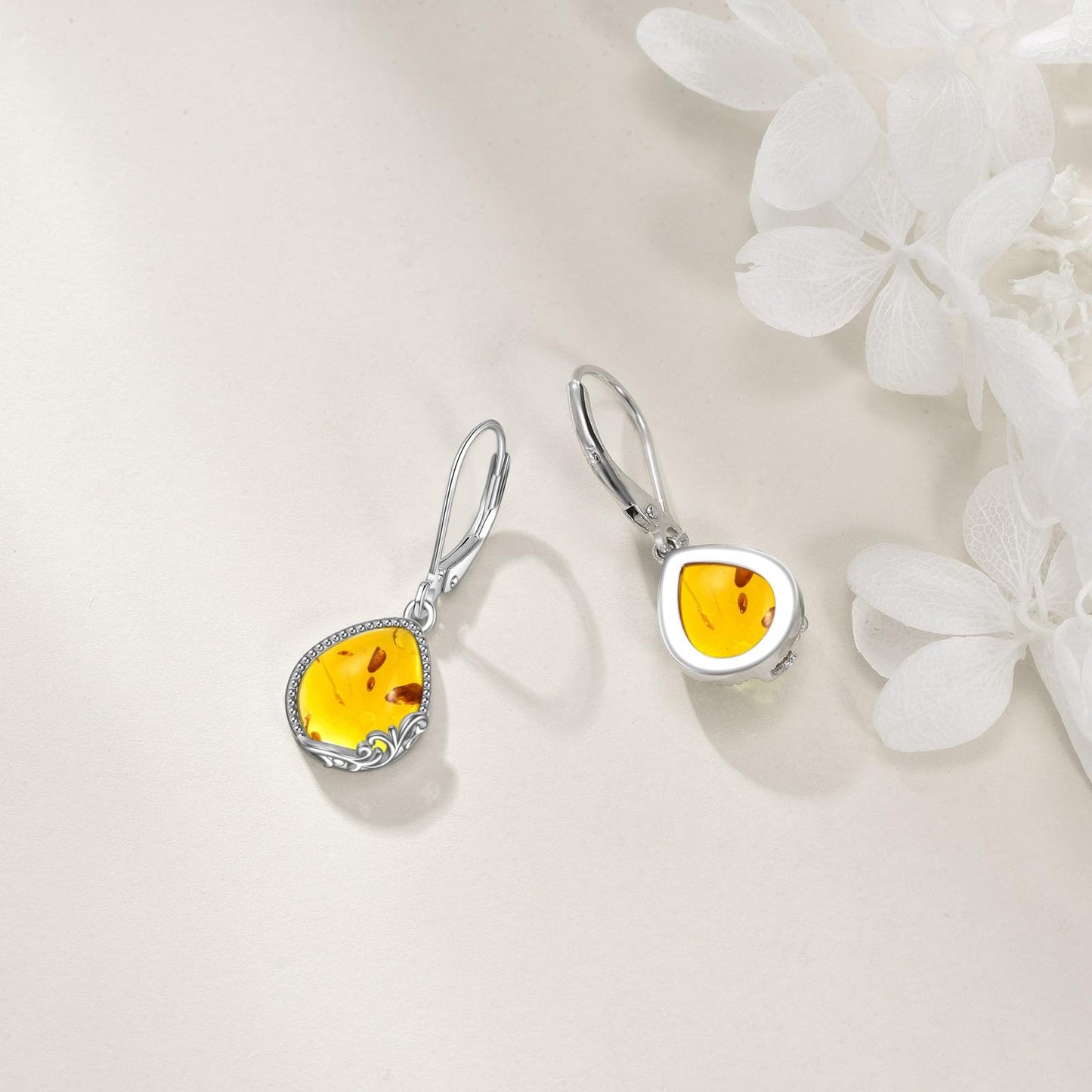 POPLYKE Amber Filigree Teardrop Drop Dangle Earrings Sterling Silver Leverback Earrings Jewelry