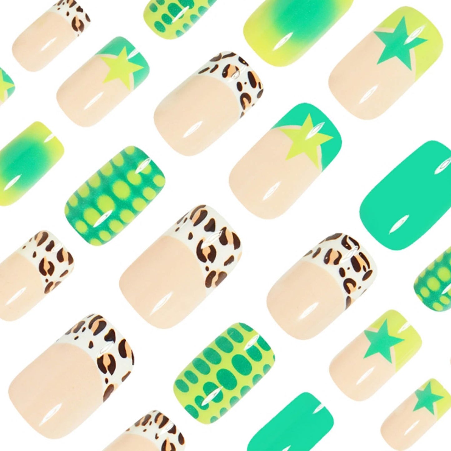 YoYoee 24-Piece Short Square Press on Nails - French Green False Nails | Leopard Print Fake Nails for Women Elegant & Durable Artificial Nails for Instant Manicure