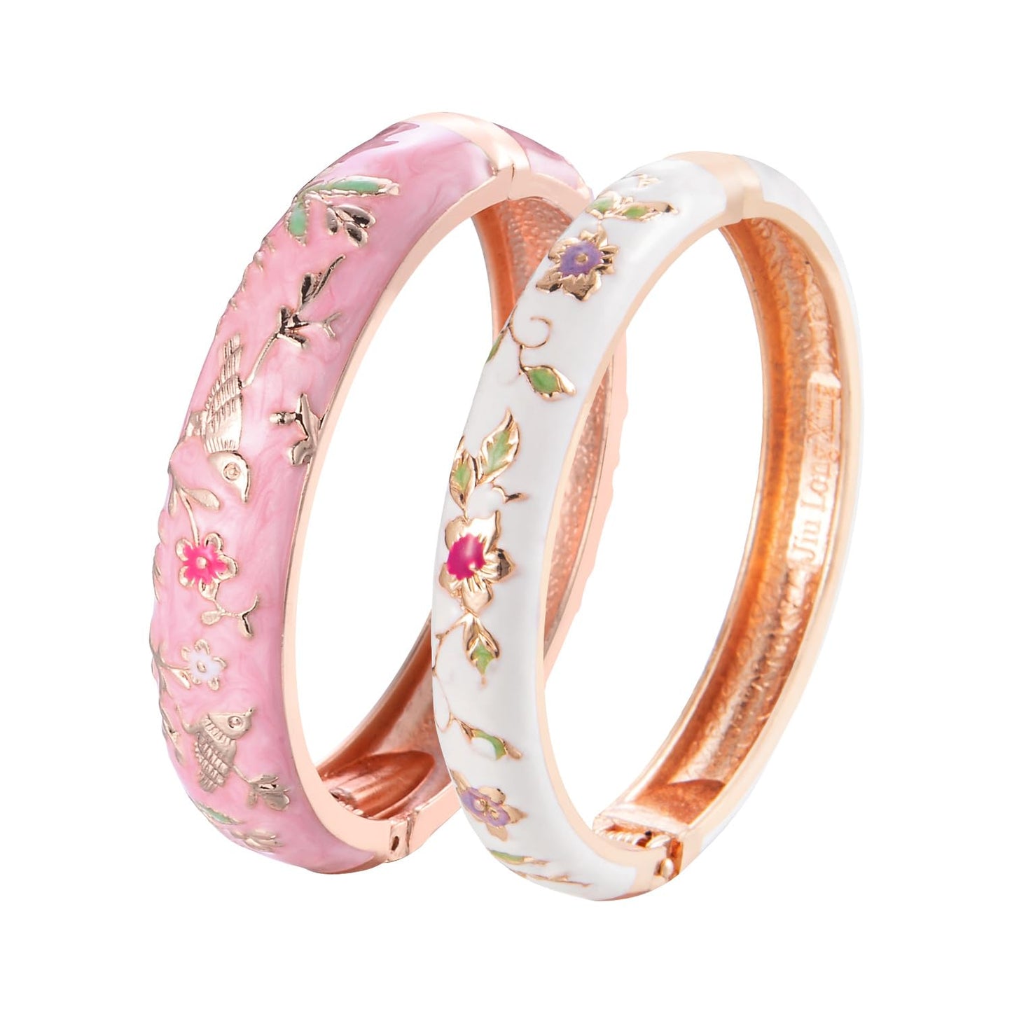 UJOY Colors Handcraft Jewelry Cloisonne Bracelet Enamel Bird Spring Hinged Womens Bangles Gifts Box 55C49-55A82 Pink White