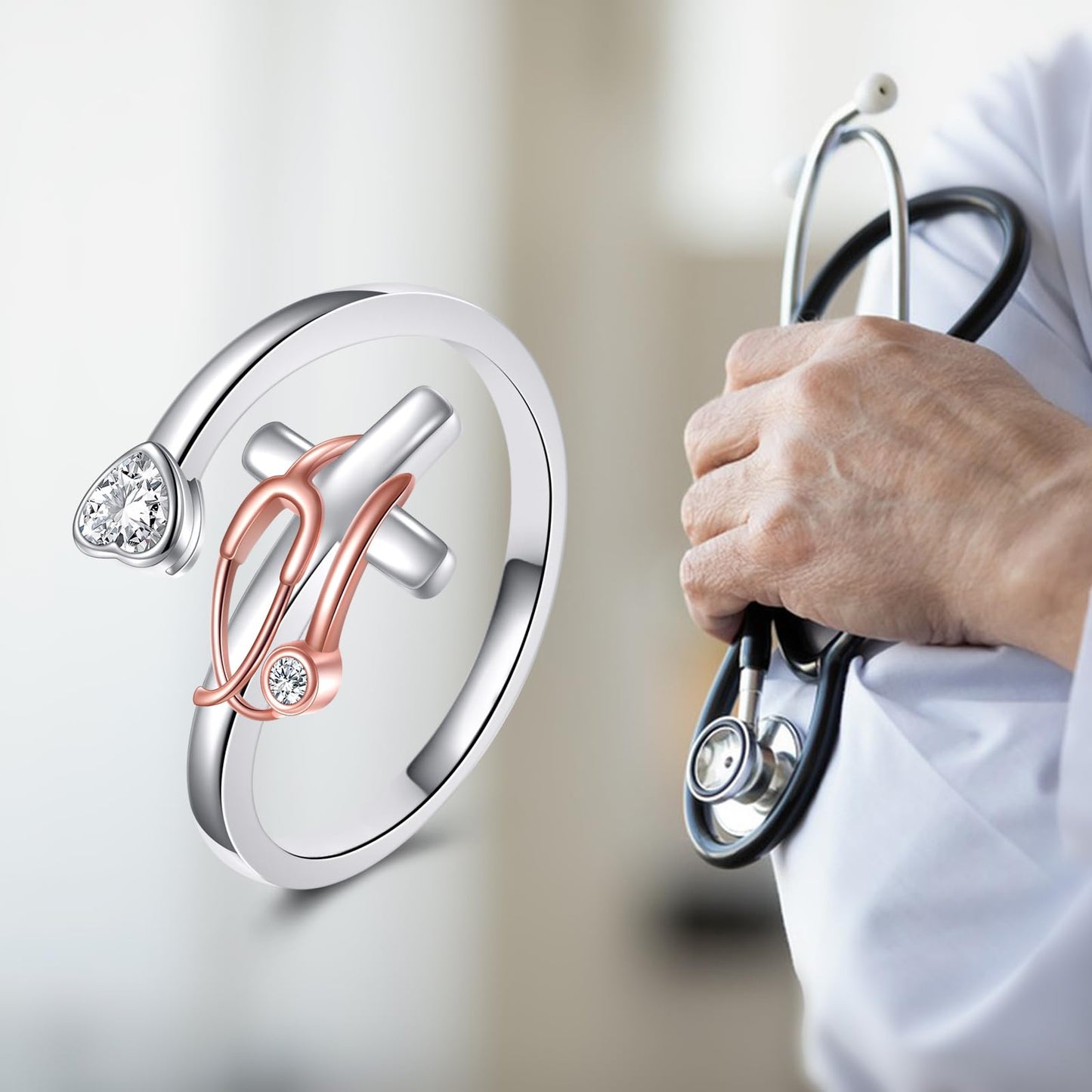 JBAERD Stethoscope Cross Ring Sterling Silver Adjustable Stethoscope Heart Ring Cross Jewelry Gifts for Women Men