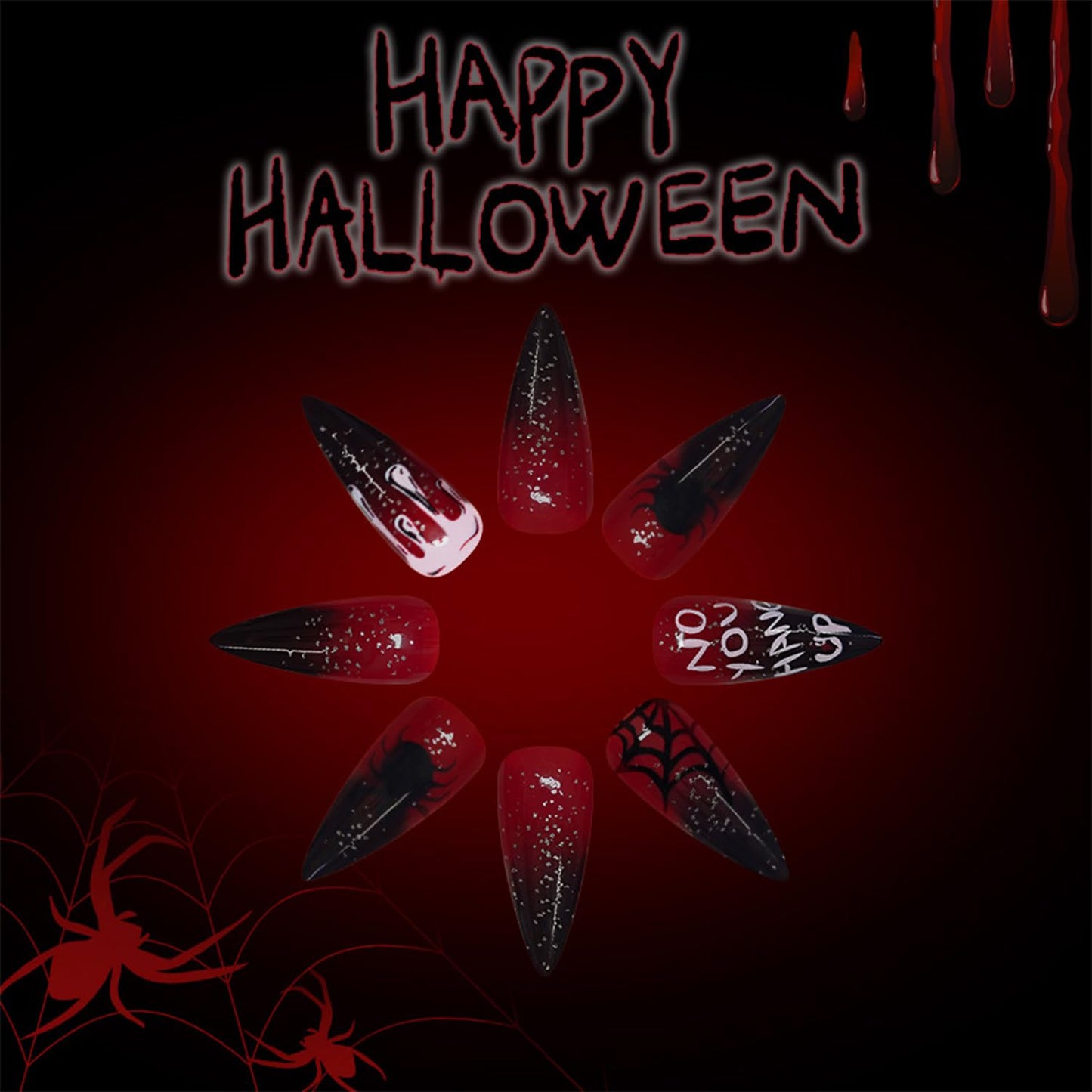 24 Pcs Halloween Press on Nails Long Almond Fake Nails with Blood Drop Designs Spider Web Glue on Nail Scary Spider Acrylic Nail Black Red Gradient False Nail Full Cover Stick on Nails for Women