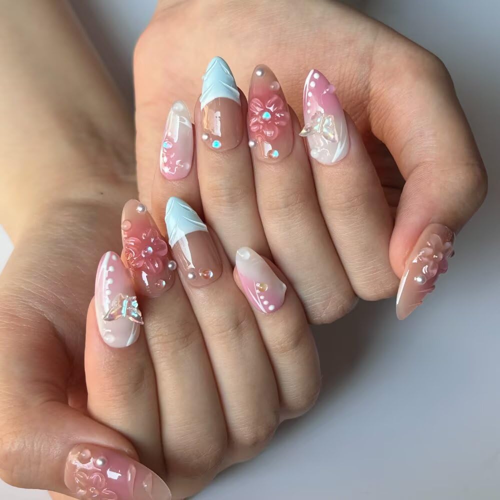 Handmade Press on Nails Medium Almond Blue French Tip False Nails with 3D Pearl Design Stick on Nails Pink Artificial Nail Full Cover Glue on Nails for Women DIY 10 Pcs (Size M）
