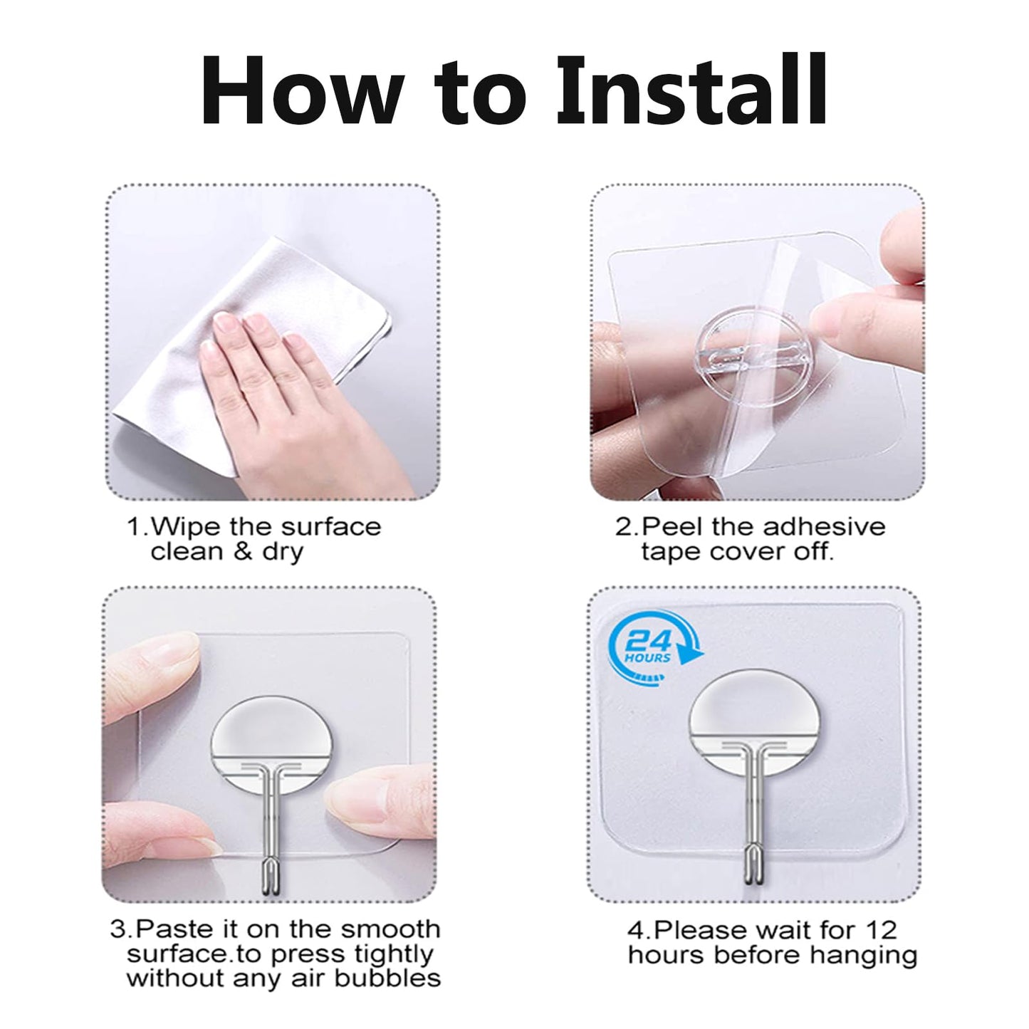 JINSHUNFA Adhesive Wall Hooks 13LB Heavy Duty No Drill Transparent Waterproof Hooks for Bathroom Kitchen Towel Coat 12 Pack