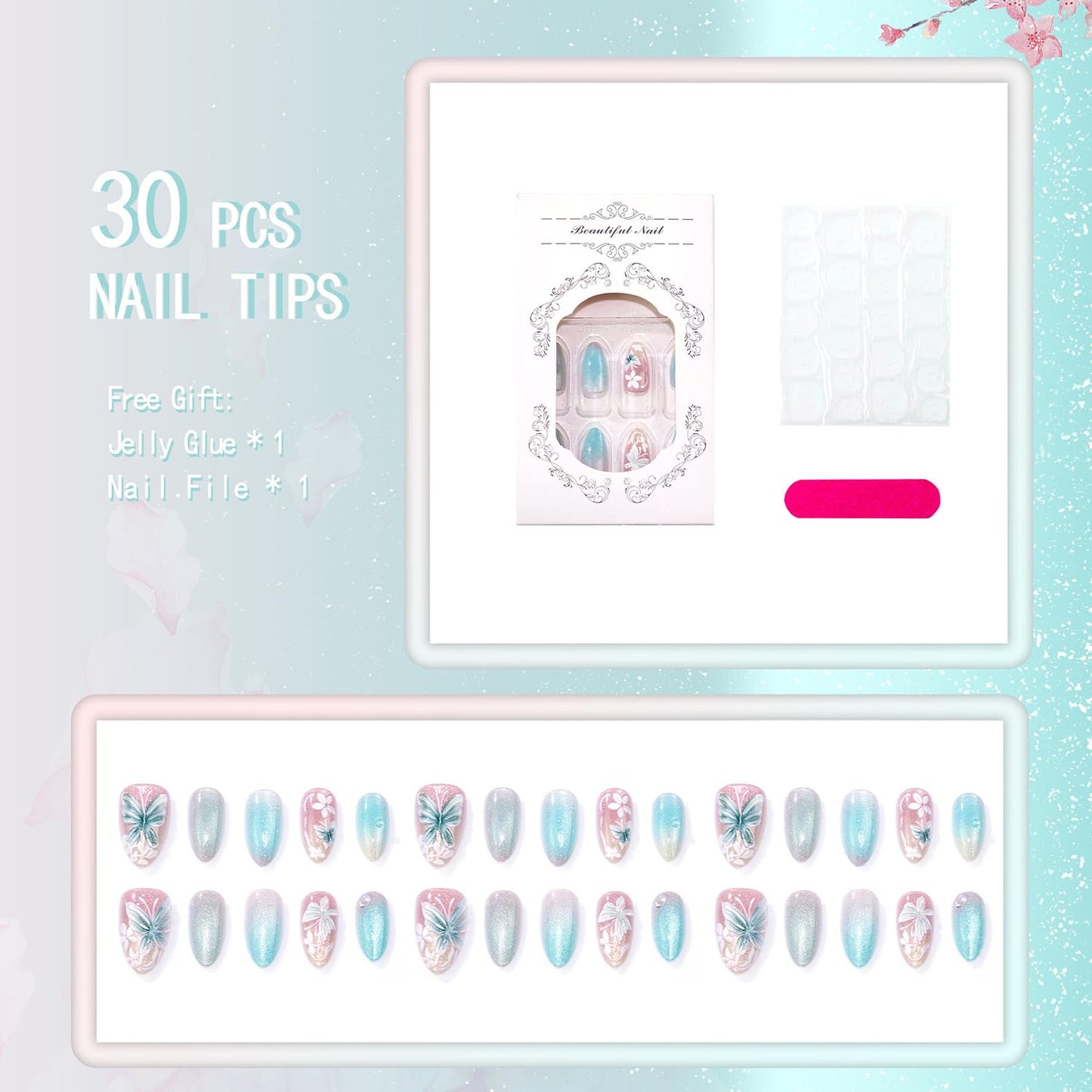 Glitter Press On Nails Medium Almond Fake Nails Press Ons With Butterfly Design Light Blue Acrylic Nails White Flower Pearl False Nails Glue On Nails For Women