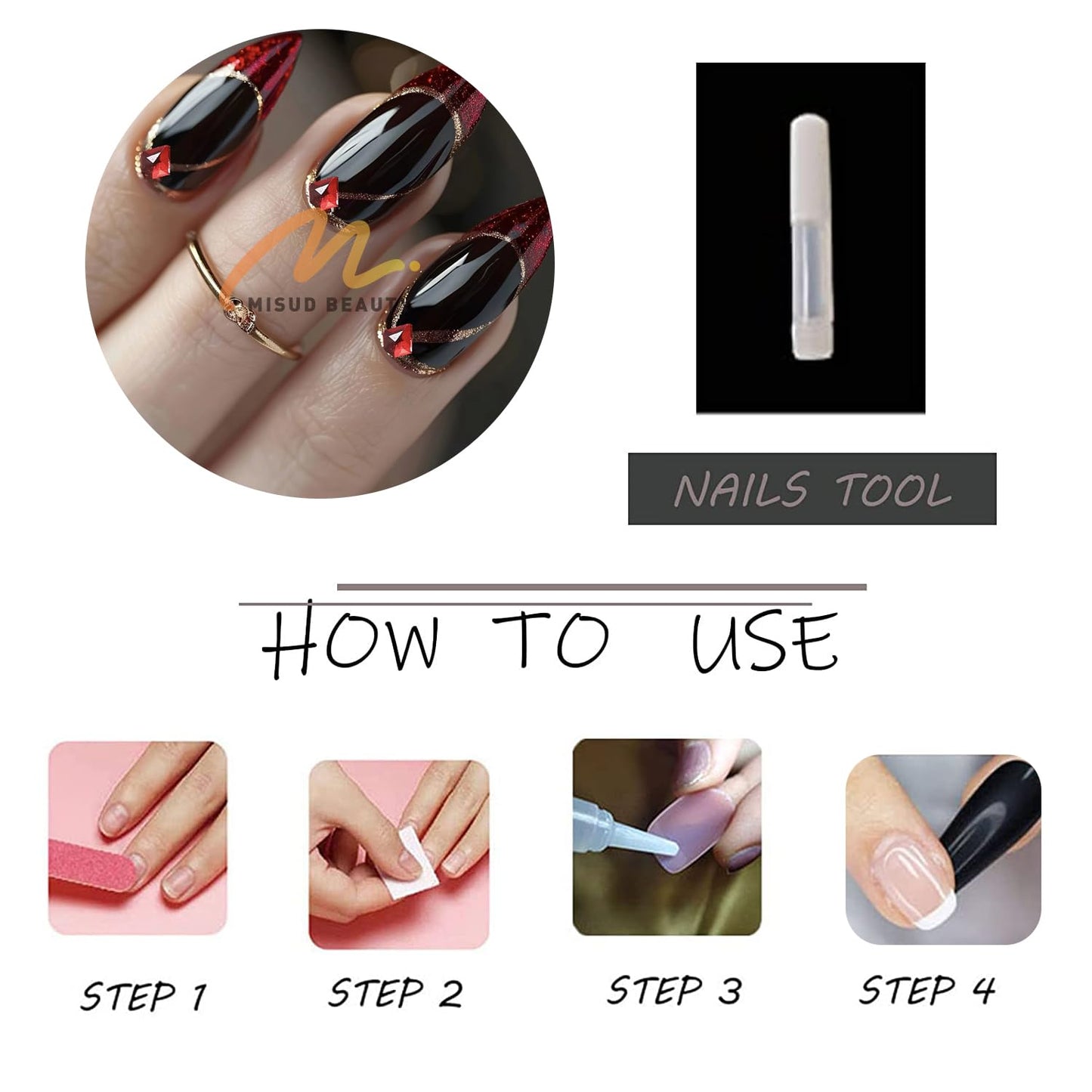 MISUD Press on Nails - Medium Almond Fake Nails with Goth Red Black, Acrylic Bling Glitter Rhinestone Design 24 pcs