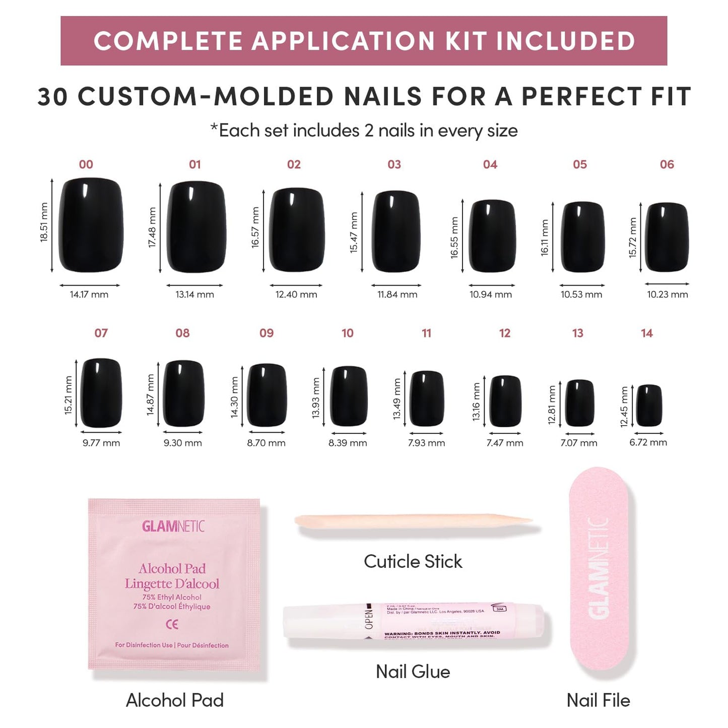 Glamnetic Press-On Nails Bundle - Jet Black & Burgundy Chrome | Short Squoval Black Fake Nails with a Glossy Finish | Short Almond Fake Nails with a Metallic Chrome Finish | Durable, Salon-Quality Nai