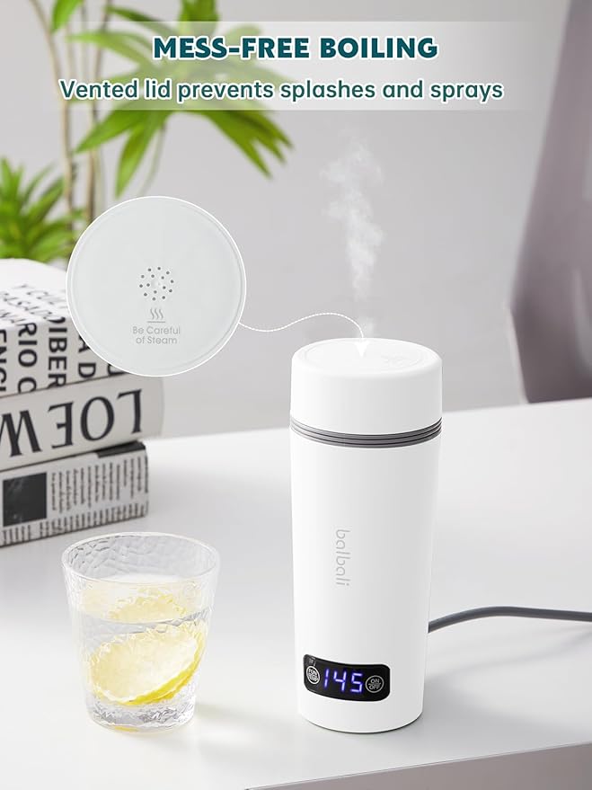 balbali Dual Voltage Travel Kettle 100-250V - 12oz Portable Water Boiler/Warmer/Heater for Boiling Water - 4 Preset Temperature Control Portable Tea Kettle Electric Travel - White