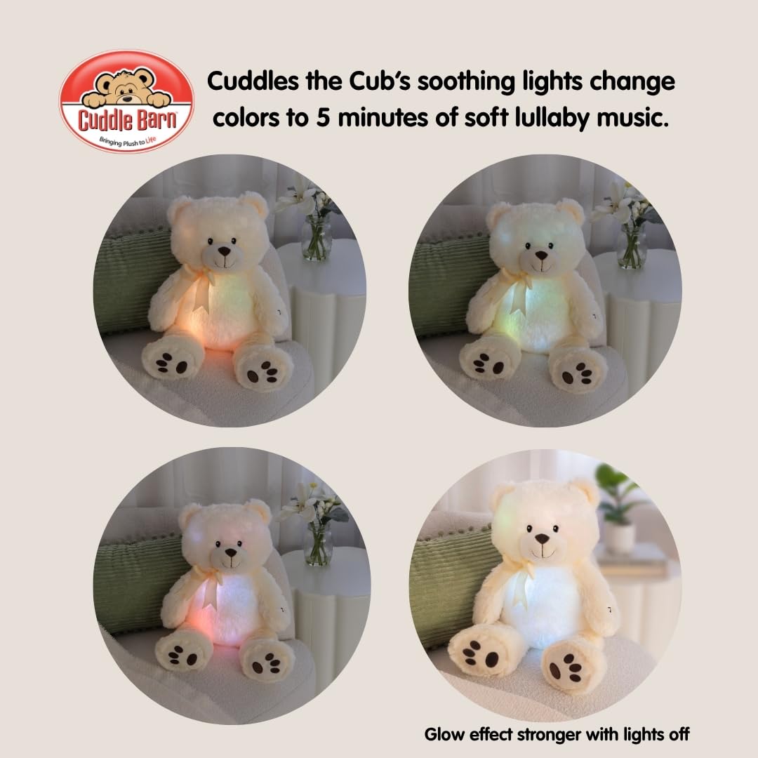 Cuddle Barn - Nite Brite Pals Cuddles the Cub | Large Glowing Musical Extra Soft Teddy Bear, LED Nightlight Changes Colors, Plays Brahm's Lullaby - Plush Bedtime Soother for Kids - 14 inches