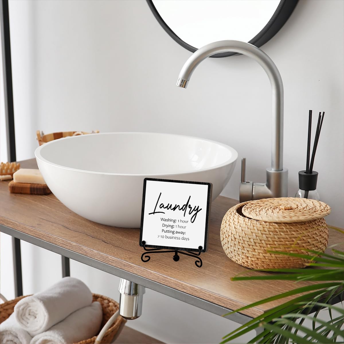 JUSITAKEET Laundry Room Desk Decor, Laundry Sign, Desk Decorations For Laundry Room, Farmhouse Funny Laundry Shelf Decor, Rustic Wooden Plaque With Stand (C07)