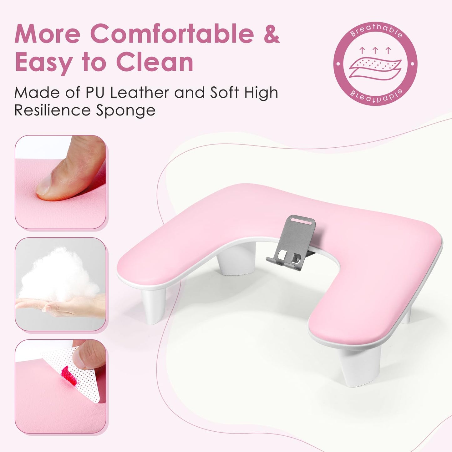 LIONVISON Arm Rest for Nails Tech: U Shaped Ergonomic Nail Hand Rest Stand PU Leather with Rotating Phone Holder for Nail Salon Manicurist (Pink)