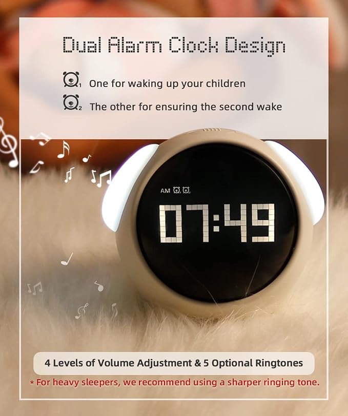 Kids Alarm Clock, Dual Alarm Setting, Adjustable Brightness Night Light, Voice-Activated,Temperature Detection, Wake-up Alarm Clock, Toy and Gift for Toddler, Children, Students, Boys&Girls