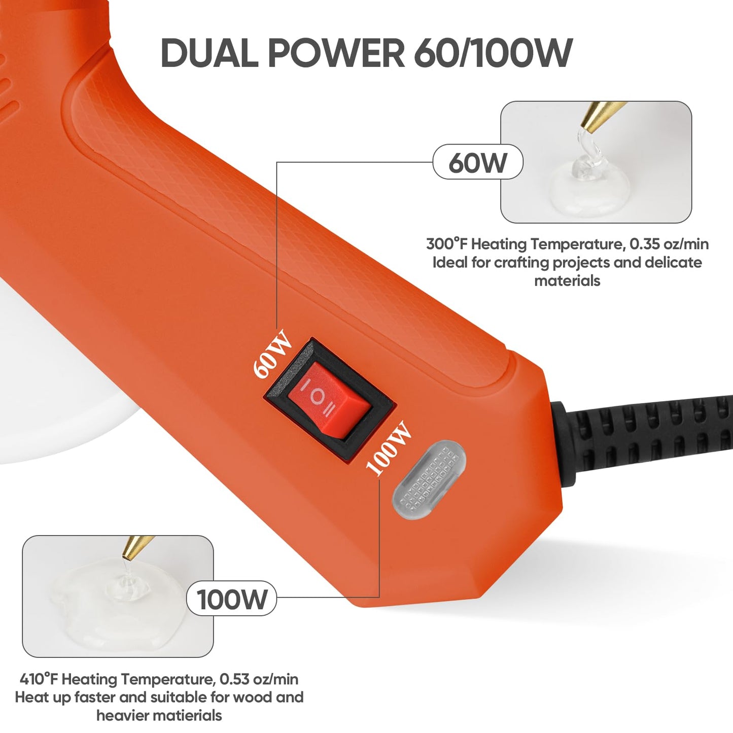 ROMECH Full Size Hot Glue Gun with 60/100W Dual Power and 21 Hot Glue Sticks (7/16"), Fast Preheating Heavy Duty Industrial Gluegun with Storage Case for Crafting, DIY and Repairs (Orange)