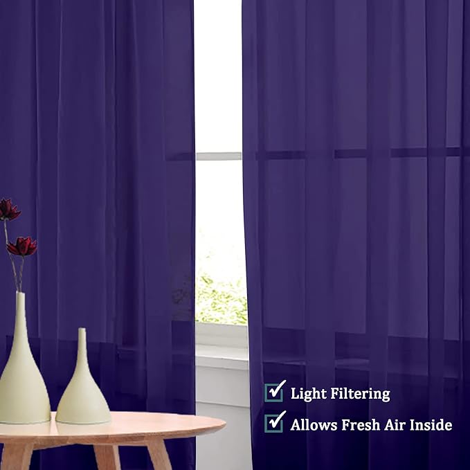 OVZME Purple Sheer Curtains 45 Inches Long 2 Panels, Light Filtering Sheer Curtains for Bedroom, Elegant Airy Draperies for Living Room Nursery Room, Dual Rod Pocket, Each 42Wx 45L