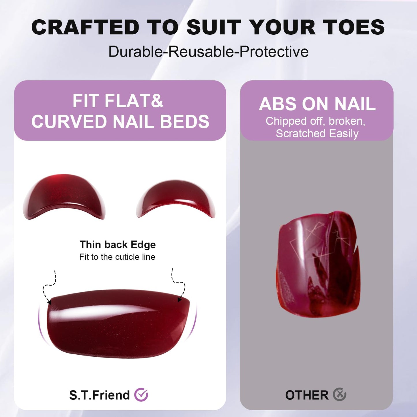 Press On Toenails - S.T. Friends Square Toe Nail Press Ons Bright Red Fake Toe Nails with Cateye Finish | 16 Sizes - 32 Toe Nail Kit with Glue