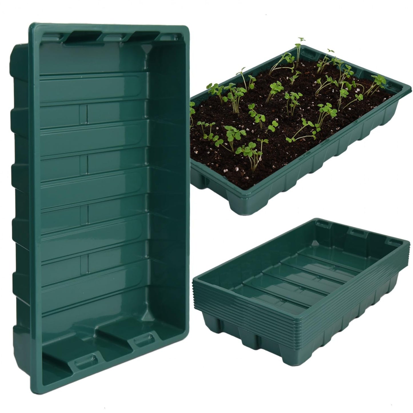 YoleShy 10 Pack Seed Starter Tray Reusable Plastic Plant Seedling Starter Trays Thickened Sturdy Durable for Germination Growing Microgreens Planting Propagation, Without Drain Holes, 14.5"x9", Green