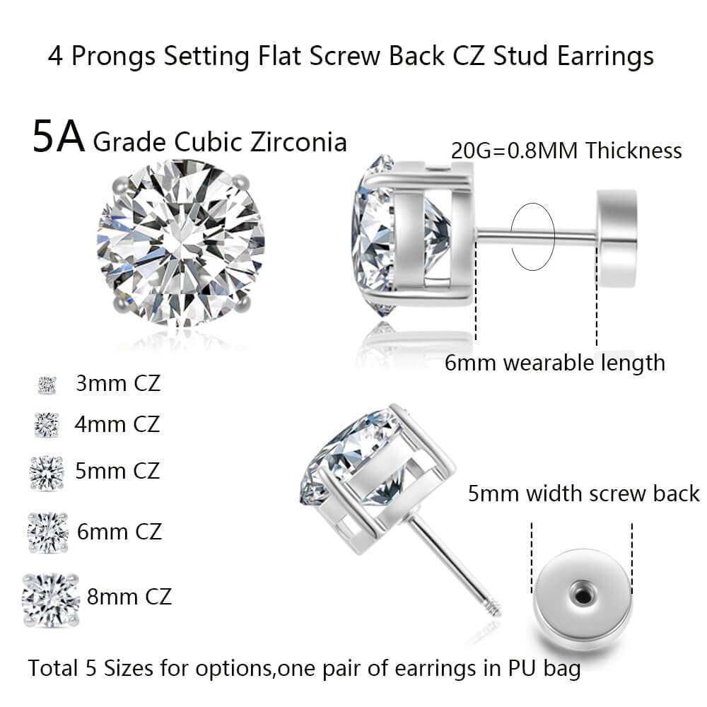 Hypoallergenic Flat Back CZ Stud Earrings, Gold Plated Surgical Steel Secure Screw Back Cartilage Earrings for Women Men with Sensitive Ears | Multiple Piercing,4mm White CZ
