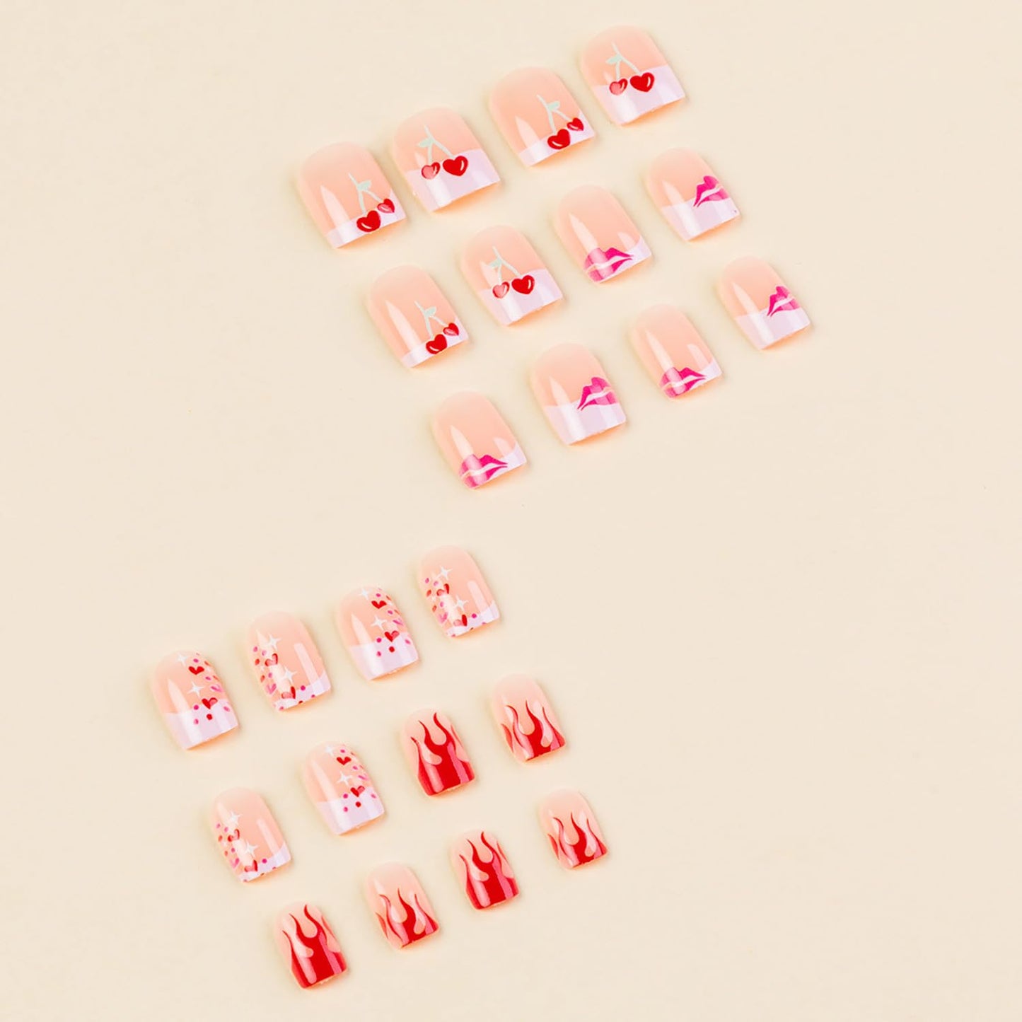 Press On Glossy Full Cover Acrylic Short Length Square French False Nails with Heart Lips Flame Designs Artificial Square Shaped Fake Nails Glue Ons for Women Girls