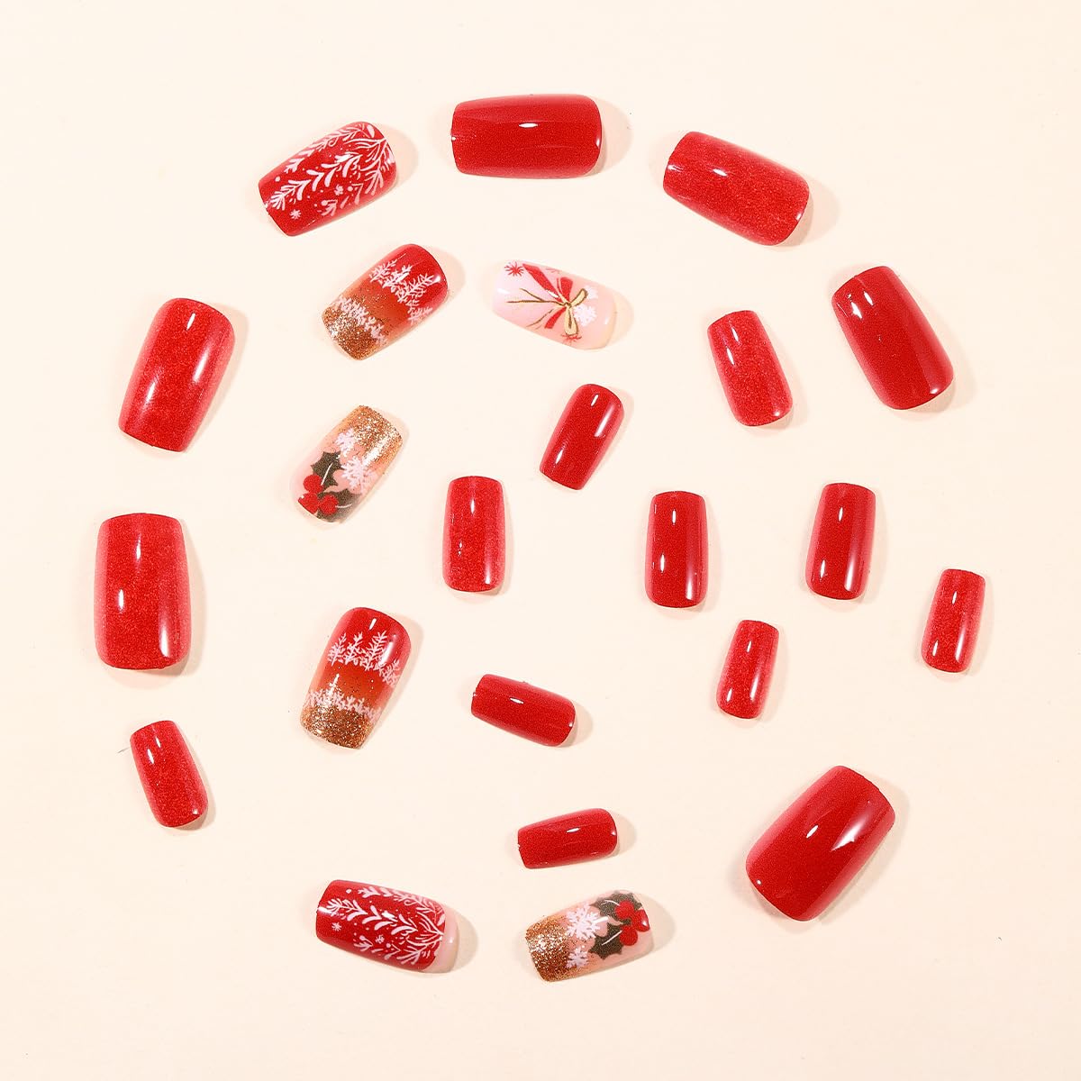 24Pcs Christmas Holly Press on Nails Red Coffin Fake Nails Gold Glitter Tip Medium False Nails with Bow Snowflake Full Cover Glue on Nails Xmas Winter Acrylic Nail for Women Holiday Manicure Kit