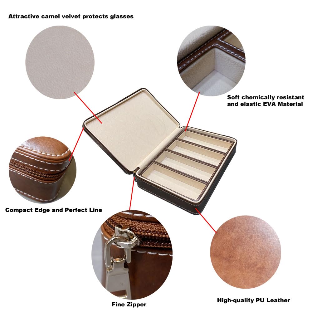Beaufort 4 Slots PU Leather Eyeglasses Storage Box Sunglasses Box Jewelry Display Case Watch Box for Women Men(4GL-Coffee brown)