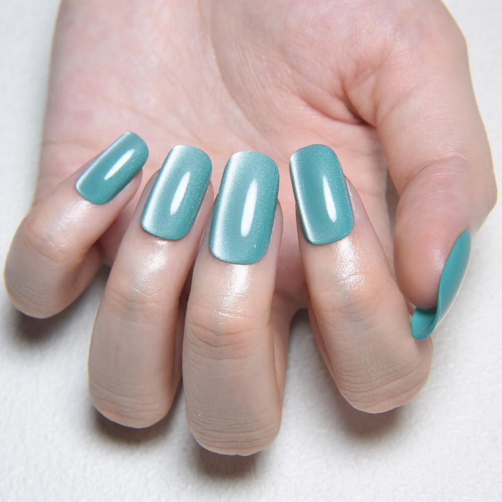 Light Cyan Cat Eye Press on Nails Medium Square, Medium Square Press Stick on Nails Chrome for Women Gift, Green Holographic Glitter Glossy Reusable Gel Acrylic Fake Nail with Designs Cateye Effect