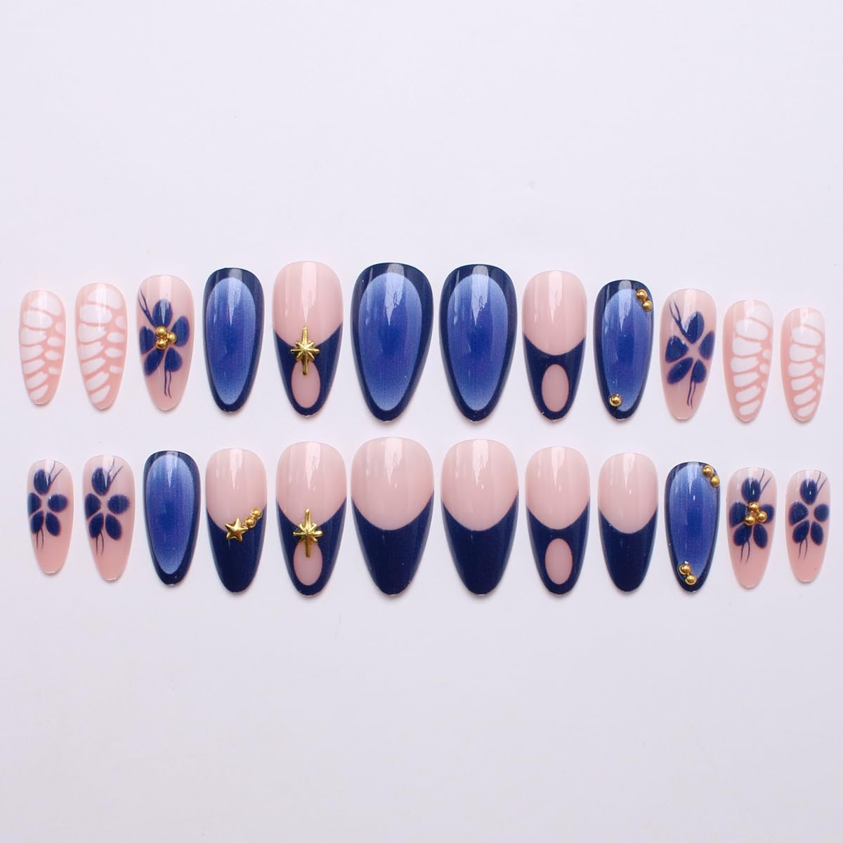 Blue Press on Nails - Medium Stiletto Fake Nails with Flower&Marble Designs False Nails French Tip Glue on Nails Reusable Full Cover Stick on Nails for Women Manicure 24Pcs