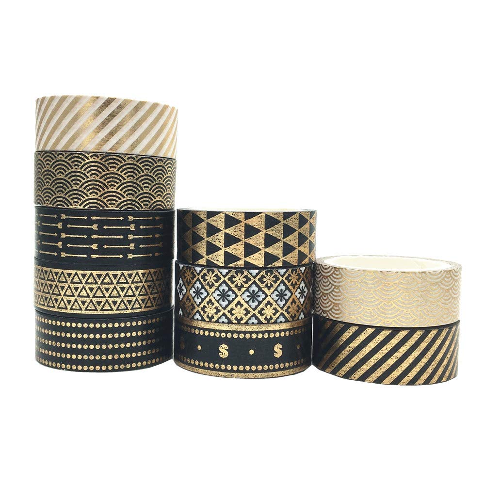 VIVIQUEN Gold Washi Tape Set 15MM Foil Skinny Masking Tape Decorative Pack for DIY Scrapbooking, Crafts, Gift Wrapping, Holiday Decoration (Black Basic Pattern 10 Rolls)