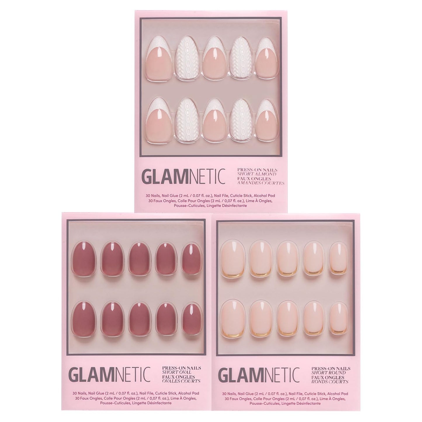 Glamnetic Press-On Nails Bundle - Sweater Weather, Fall Mauve & Goal Digger | Short Almond Fake Nails with White Glitter French Tips & 3D Designs | Muted Blush Mauve Short Oval False Nails | Glossy, S