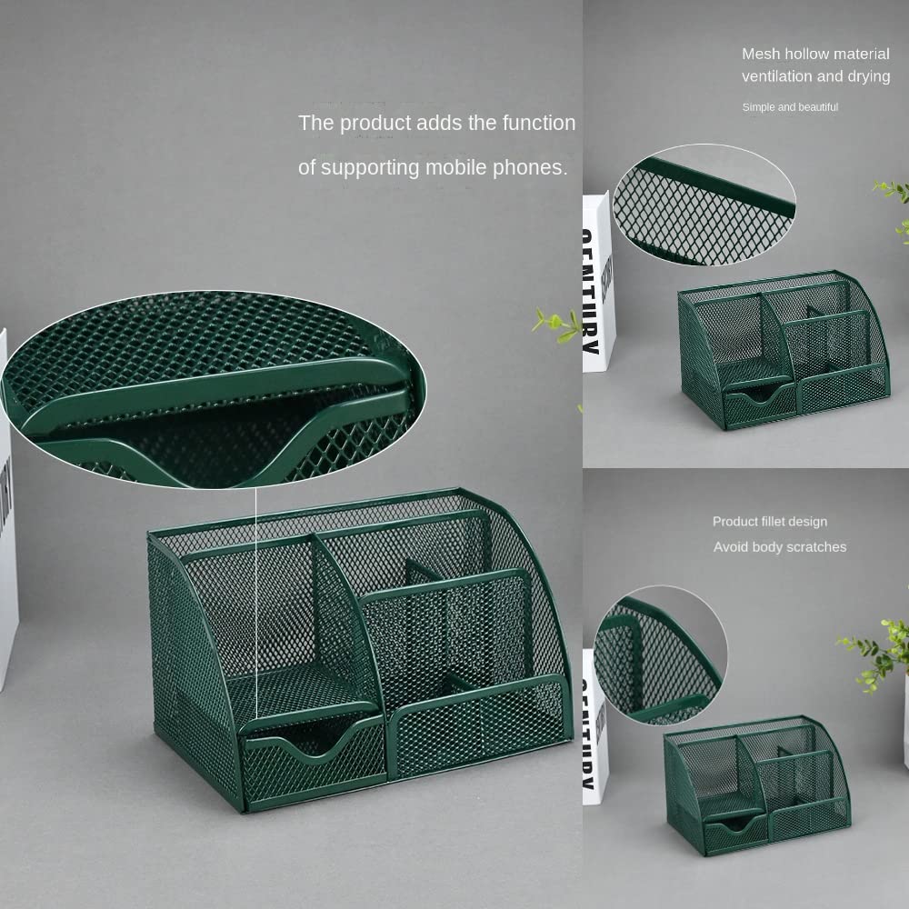 UNVARYSAM Green Desk Organizer Mesh Drawer Storage Accessories with 6 Compartments and Drawer, Desktop Caddy Storing Stationery Trinkets Cosmetics Jewelry Electronic Gadgets for Workspace Classsroom