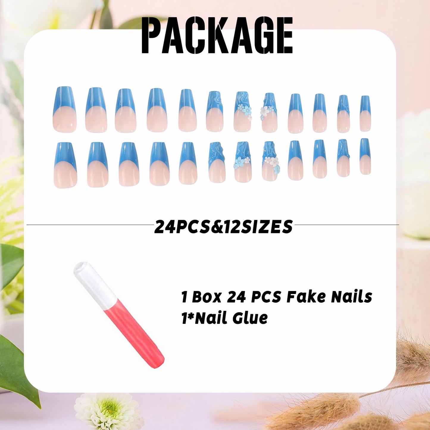 IMSOHOT Long Coffin Press on Nails - Blue Flower | Glossy French Fake Nails Tips Full Cover Gel Acrylic Glue on False Nails