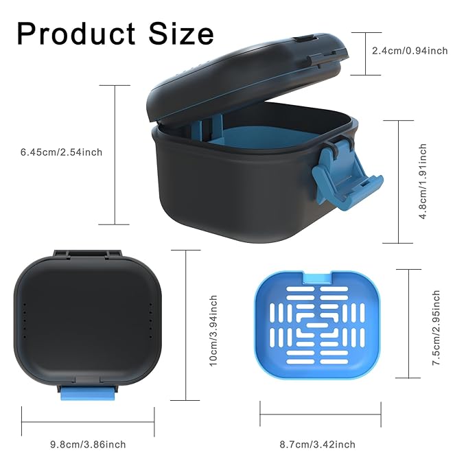 BVN Leakproof Denture Cup, Upgraded Carrying Storage, Denture Bath Box with Filter, Denture Cup for Soaking Dentures, Travel Retainer Cleaning Case (Black+Blue).