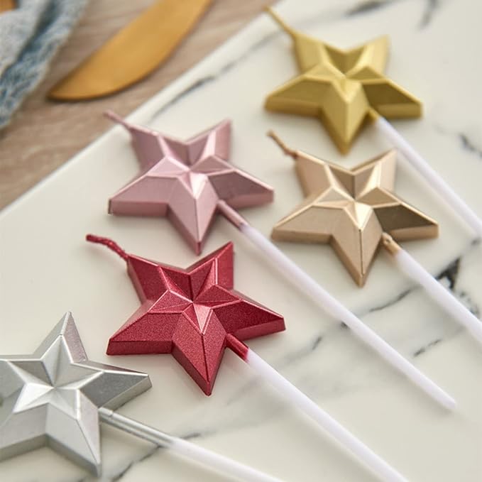 Saododku Birthday Candles, 5pcs Pink Birthday Candles for Cake, Star Shaped Sparkler Candles for Birthday Cake, Metallic Color Stereo Shaping Cake Candles Set