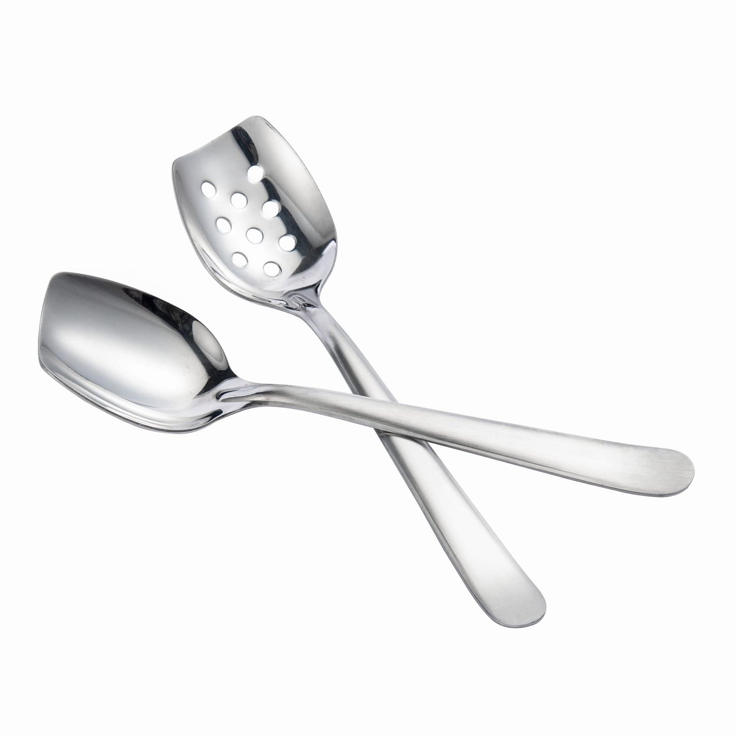 IMEEA 8-Inch Compact Flat Bottom Scraping Cooking Spoon Set of 2, 18/8 Stainless Steel Slotted & Solid Stirring Spoon, Small Kitchen Spoon for Sauces, Eggs, Instant Pot, Small Pan & Bowl