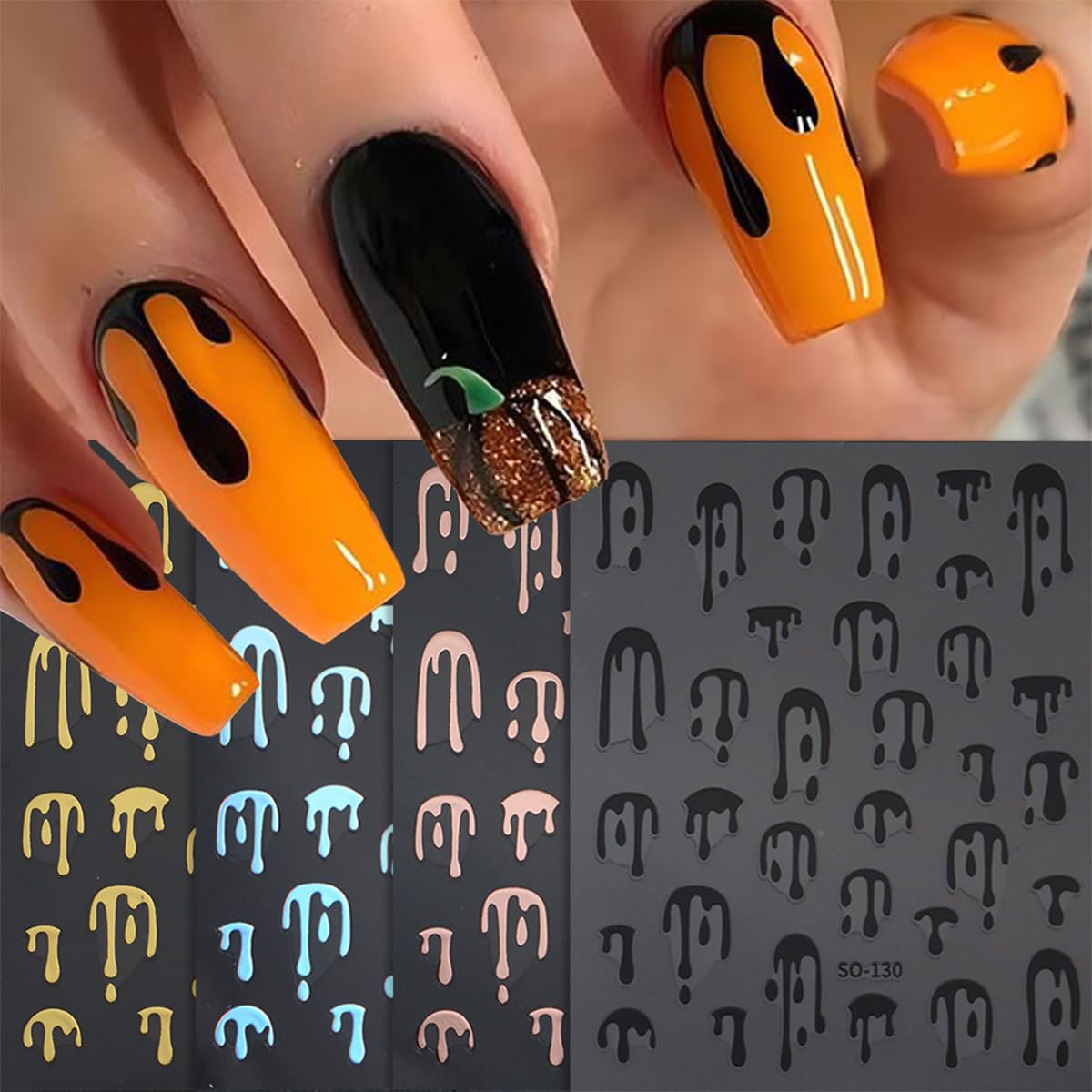 8 Sheets Halloween Nail Stickers for Nail Art Black Pink Laser Gold Nail Decals 3D Self-Adhesive Blood Nail Design Stickers Goth Nails Supply Halloween Nail Art Decoration for Women Manicure Tips