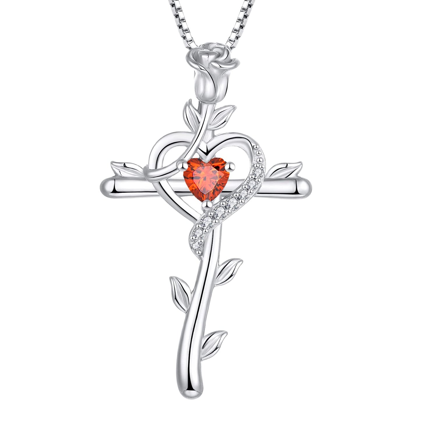 STARCHENIE Rose Cross Necklace 925 Sterling Silver Heart Crucifix Pendant Created Garnet Jewelry for Women