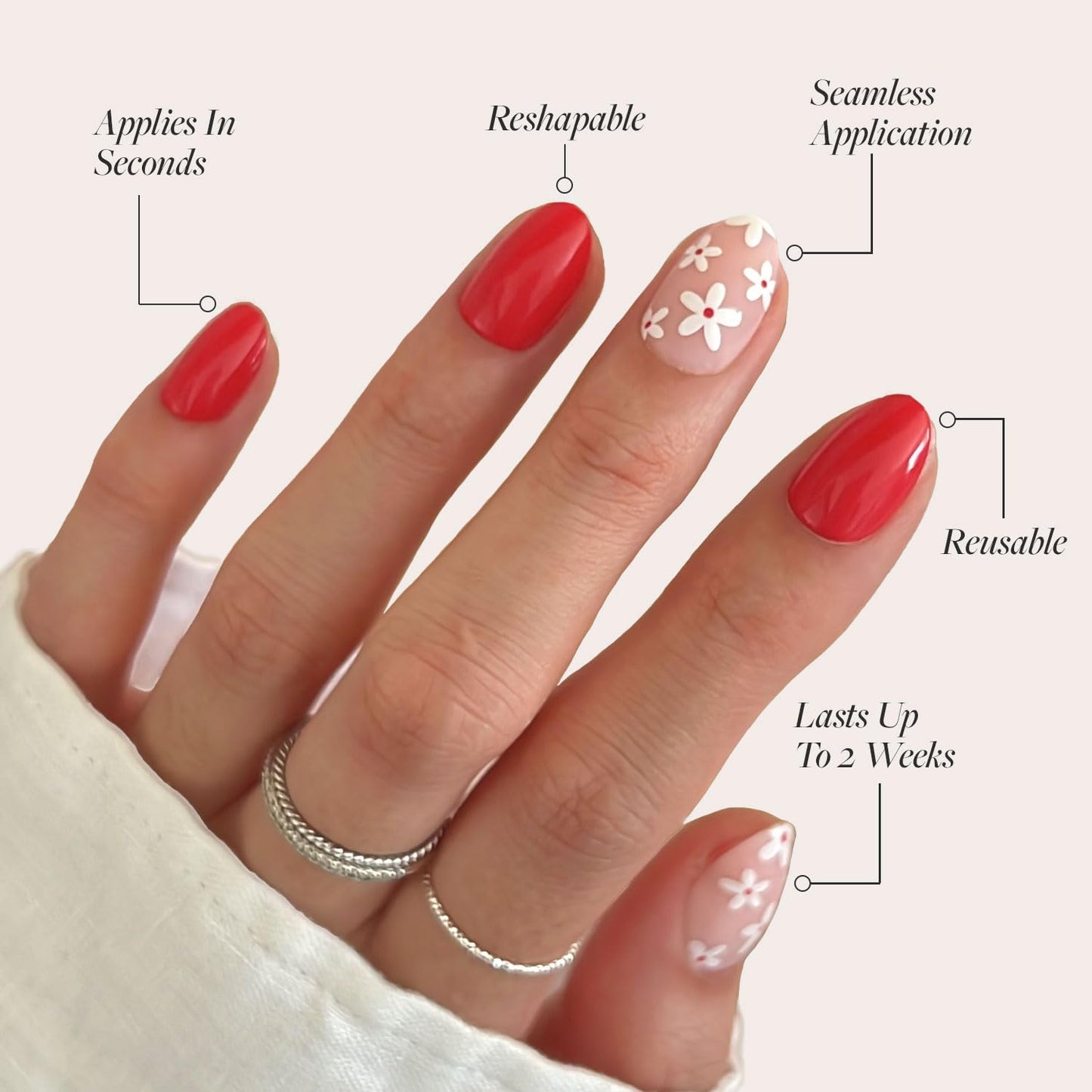 Glamnetic Press-On Nails & Adhesive Nail Tabs - Red Blossom | Short Oval Fake Nails with Floral Accents | 15 Sizes - 30 Nail Kit with Adhesive Tabs