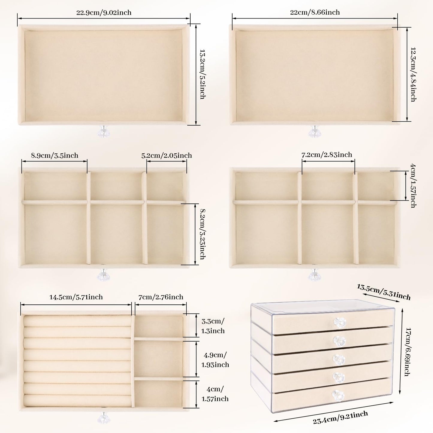 Hyber&Cara Luxury Acrylic Jewelry Box Organizer - 5 Drawers Velvet Lined Clear Stackable Storage for Earrings Necklaces Rings Bracelets Elegant Beige Dresser Top Vanity Display