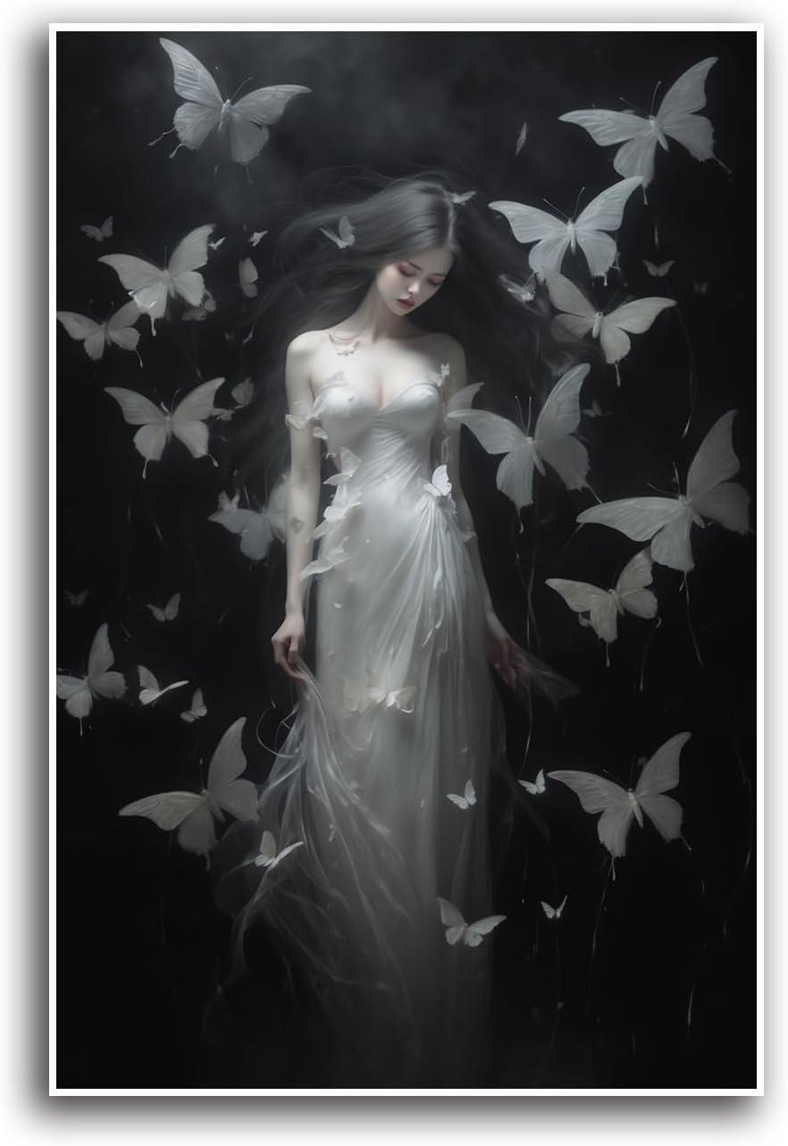JFHCQJPK Vintage Gothic Feminine Canvas Wall Art Print Butterfly Poster Moody Female Wall Art Retro Artwork Dark College Decor for Home Bedroom12x16in Frameless