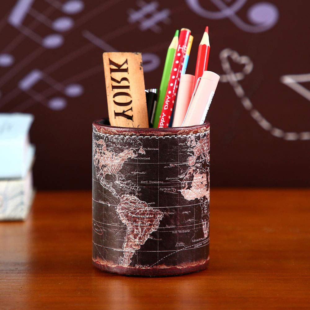 LINKWELL Black World Map Pencil Holder for Desk, PU leather Pencil Cup, Globe Pen Holder for Desk Office Supply Organizer PH46