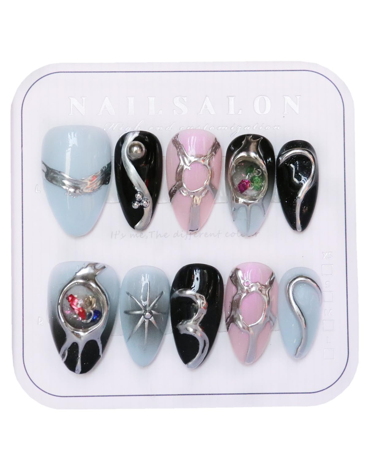 CAMILCY Handmade Nails Press on Long Gradient Blue Black Silver Halloween Star Design Hand painted Reusable Gel UV Finished Pre shaped Artificial False Nails for Women 10pcs 3D Nails (A077, S)