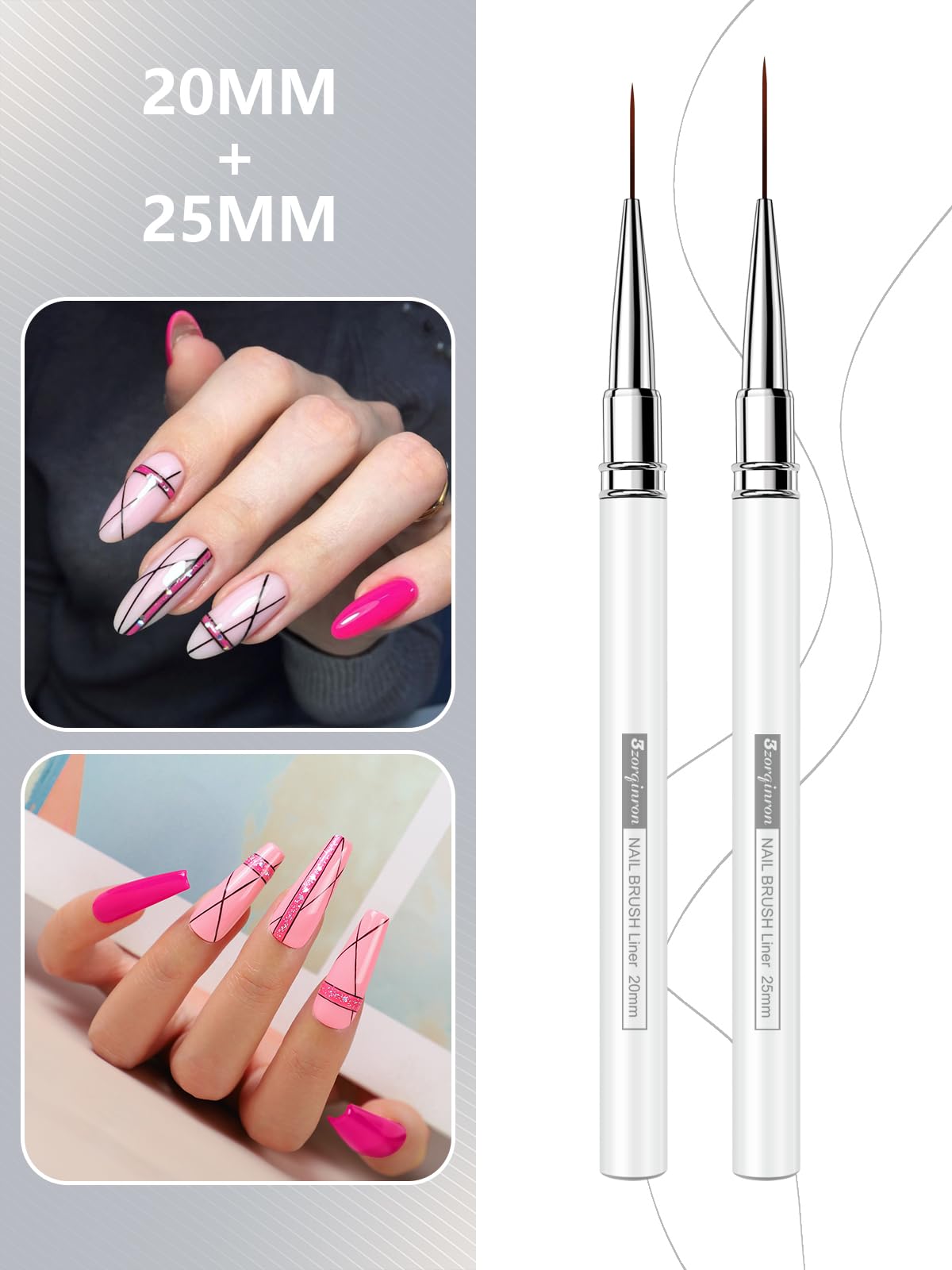 Nail Liner Brush, Fine Line Nail art Brushes 5/9/15/20/25mm Thin Line Nail Brushes Detail Drawing, Liner Brush for Nails Gel (White)