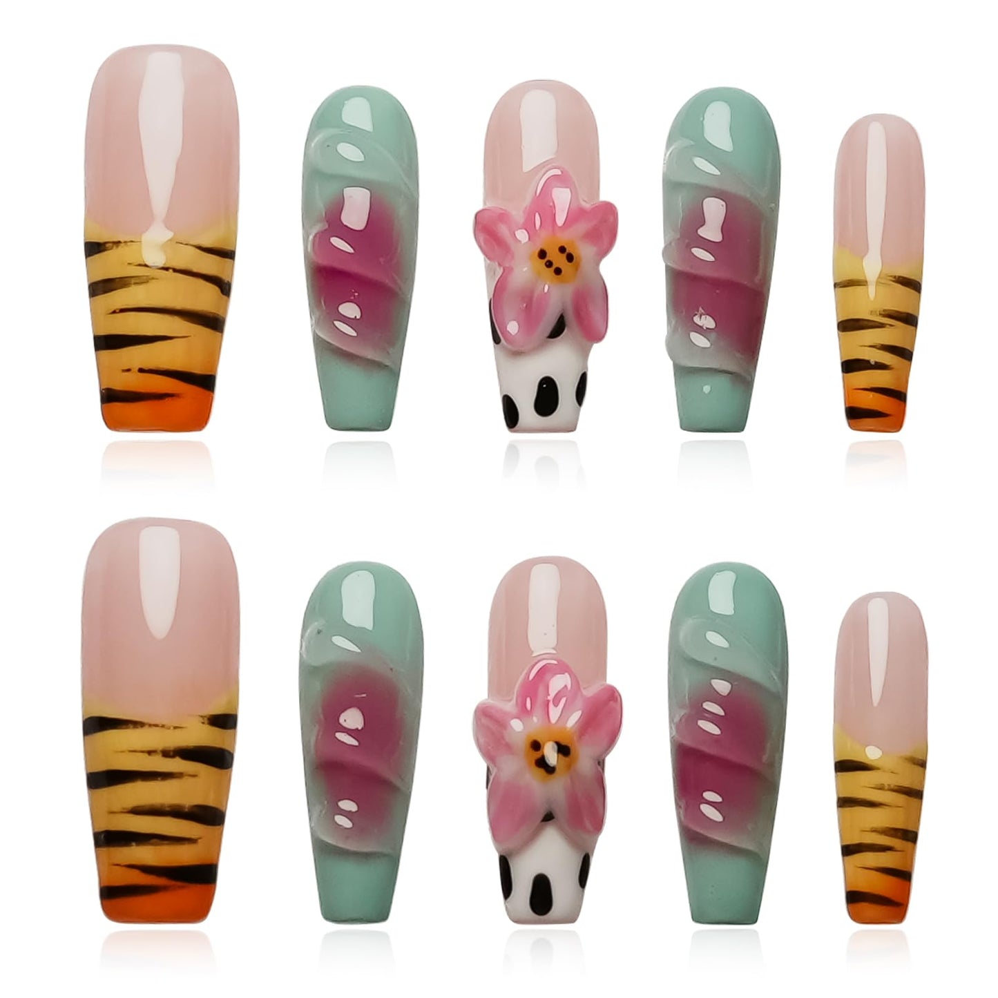 Tesytto Long Coffin Press on Nails Handmade Muti-Layer Gel Fake Nails - 3D Lotus Flowers & Tiger Print, French Tip Glossy Thick Acrylic Nails (Playful Zebra with Lotus,M)