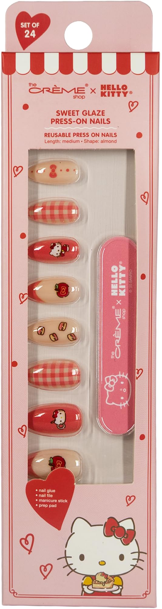 The Crème Shop x Hello Kitty Sweet Glaze Press On Nails, Almond Shape, 24 Nails Kit with Glue and Tools (Sweet Glaze)