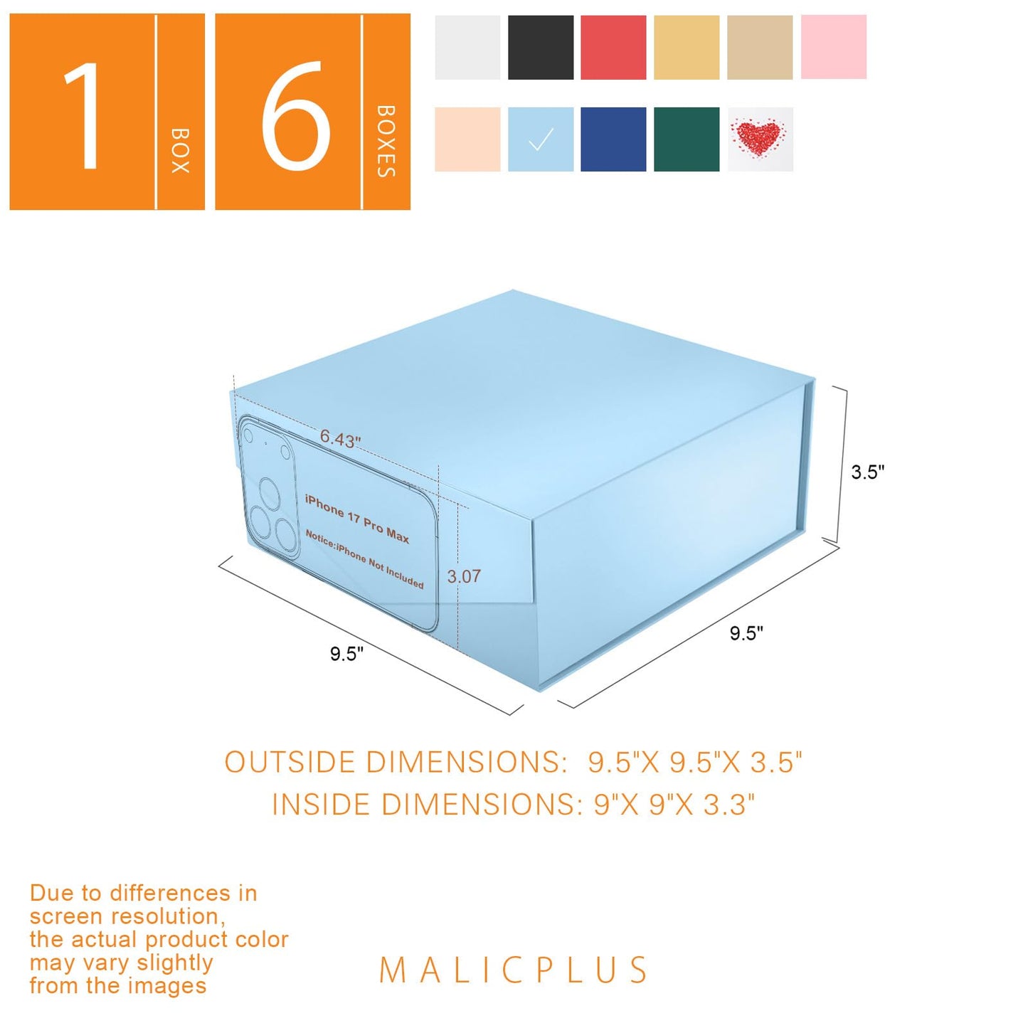 MALICPLUS 6 Gift Boxes with Lids 9x9x3.4 Inches, Light Blue Bridesmaids Proposal Boxes with Magnetic Closure for All Occasion (Glossy Blue)