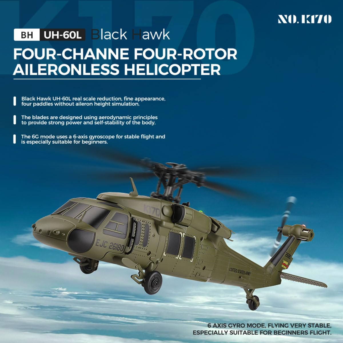 Razordon WL K170 BK Hawk RC Helicopter, 2.4G 4CH Flybarless 6-Axis Gyroscope Altitude Hovering RC Military Helicopter with Display Stand and Apron Takeoff Landing Pads (RTF Version)