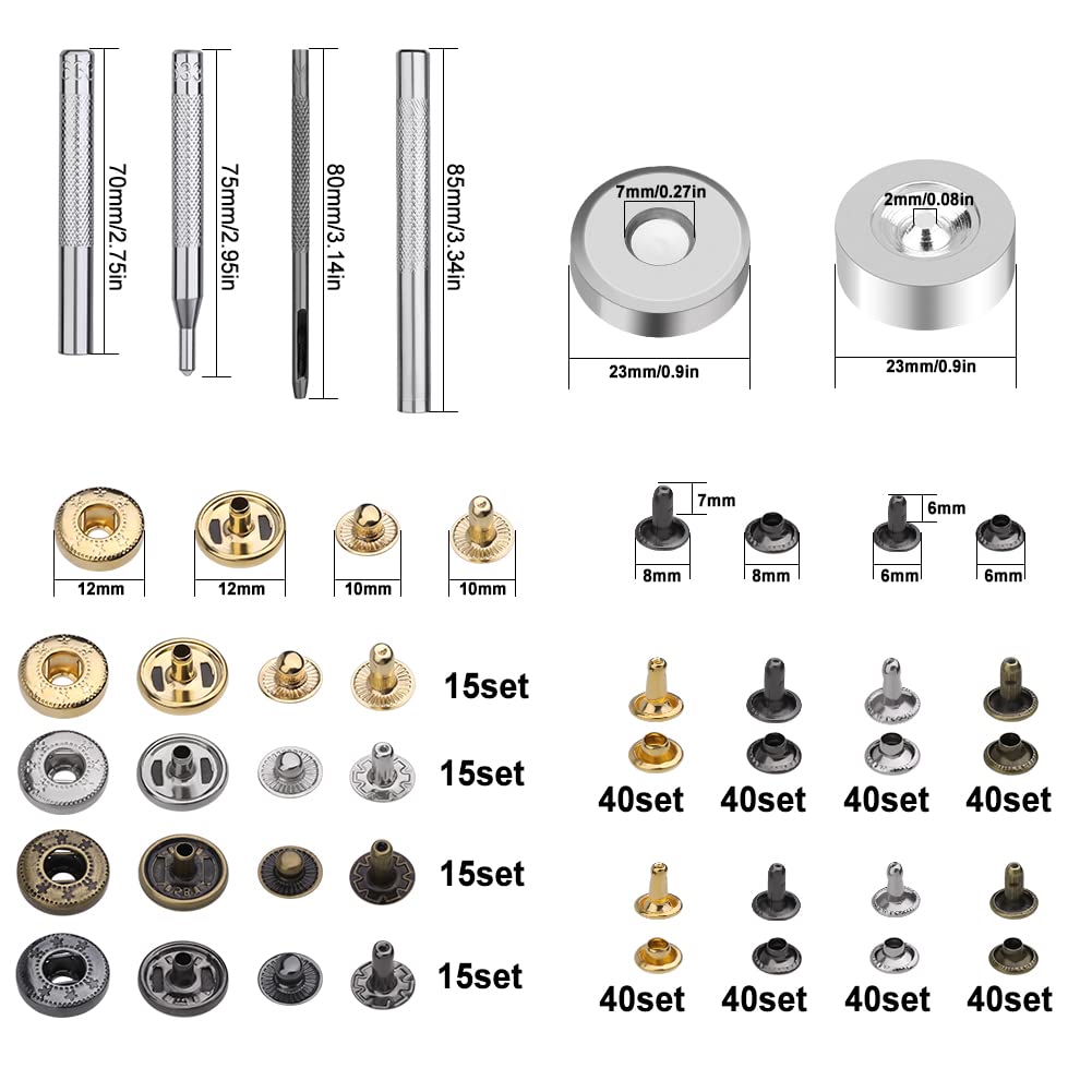 Yizzvb 320 Pcs Leather Rivets Kit, 60 Pcs Leather Snap Fasteners, 2 Size Double Cap Rivets Tubular, Double-Sided Nylon Hammer Fixing Tool Kit, Installation Tools for DIY Projects, Shoes and Repair