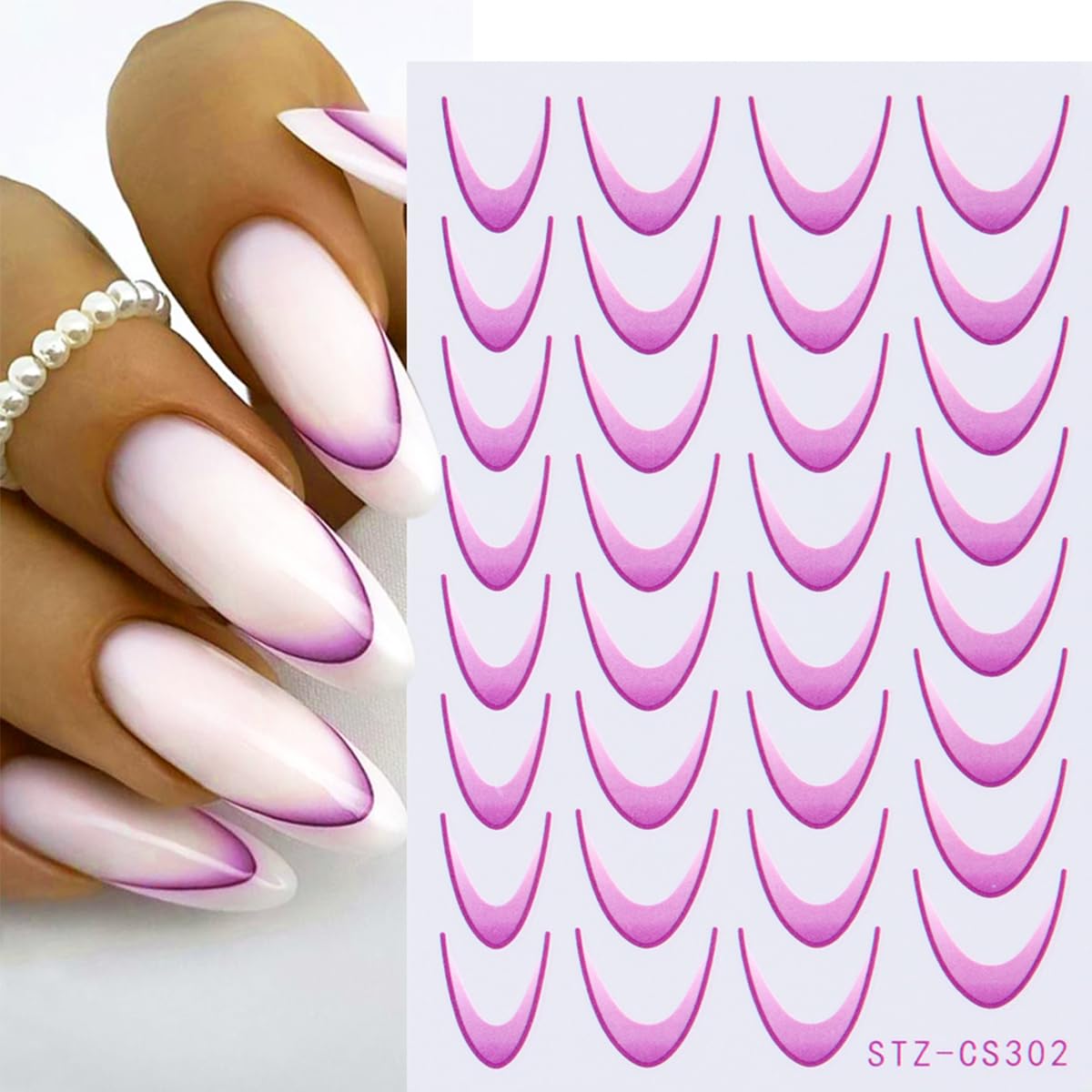 Gradient Colorful French Line Nail Art Stickers - 3D Self-Adhesive Tips Guides, Stripe Curved Lines Designs Transfer Decals for DIY Stencil Tools - 6Pcs