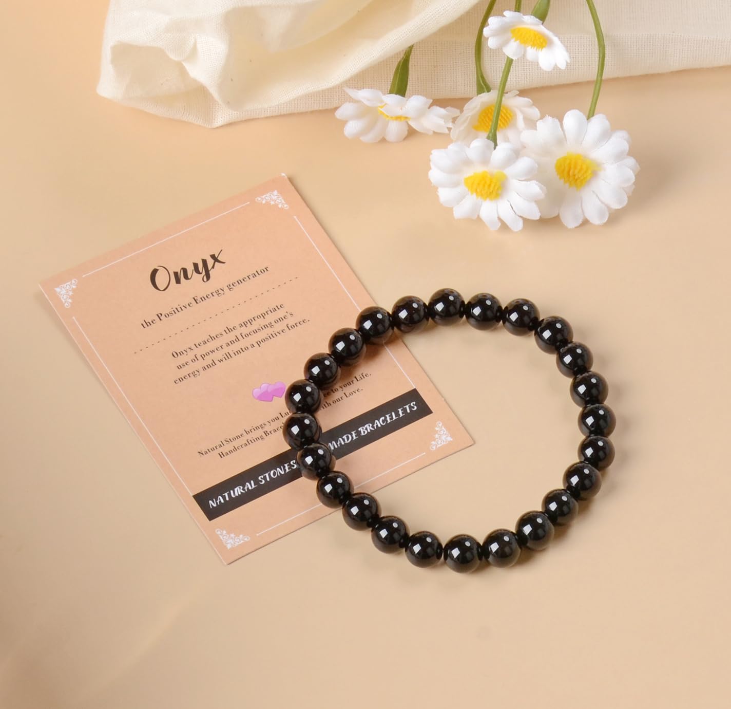 AD Beads Handmade Gemstone Stretch Elastic Bracelet Crystal Healing Reiki Nature's Beauty and Spiritual Essence Unisex (8mm, Black Onyx)
